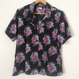 Vintage 80s Notations Floral Blouse, Black and Pink